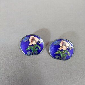 Pair Cloisonne Enamel Butterfly Flower Cobalt Blue Pierced Earrings